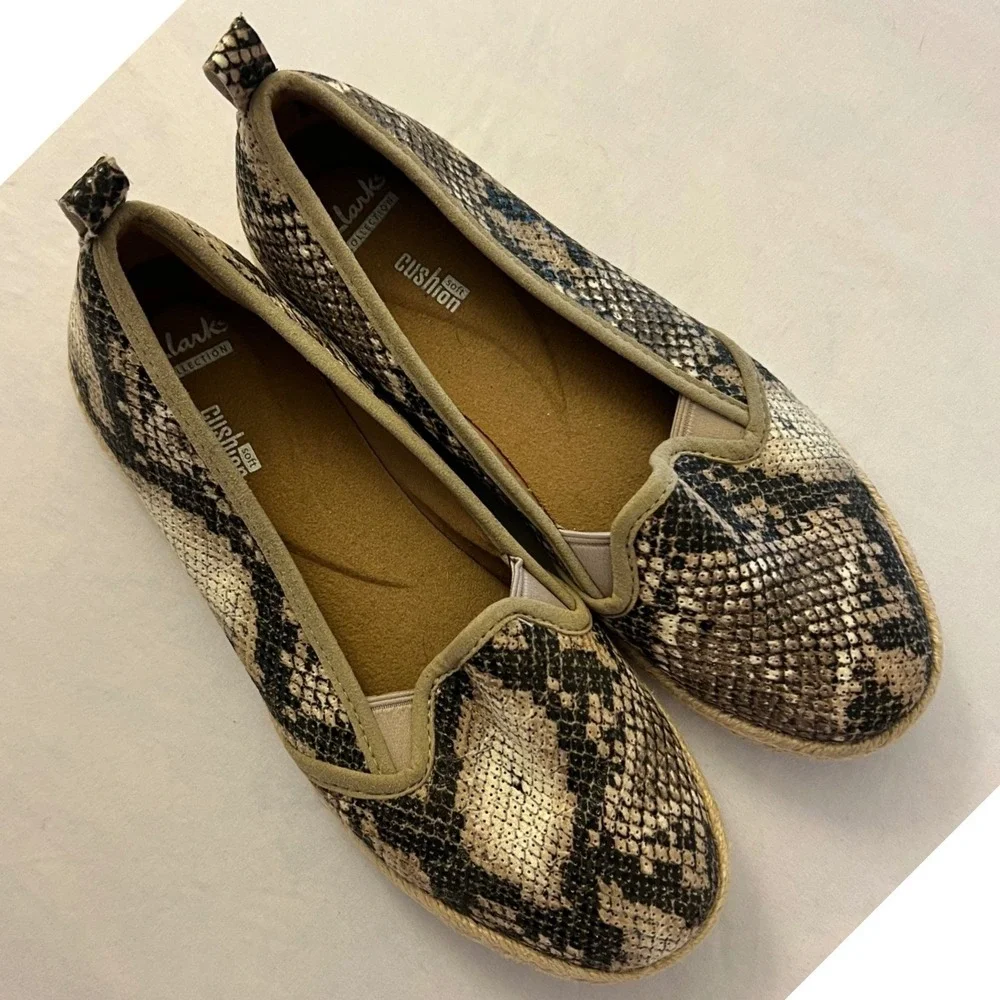 Clarks Collection Snakeskin Print Espadrille Flats Womens 7W Brown 26118649
